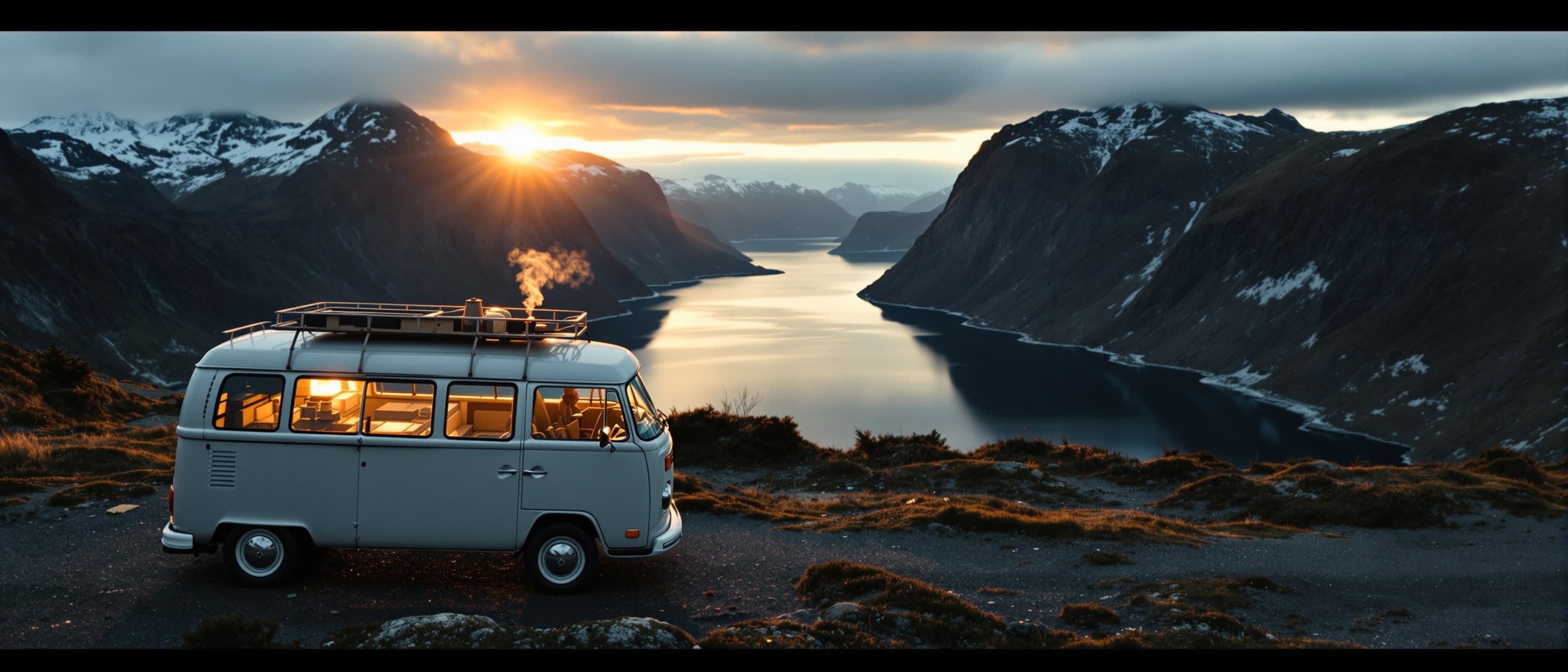 Vintage VW campervan above a Norwegian fjord at midnight sun