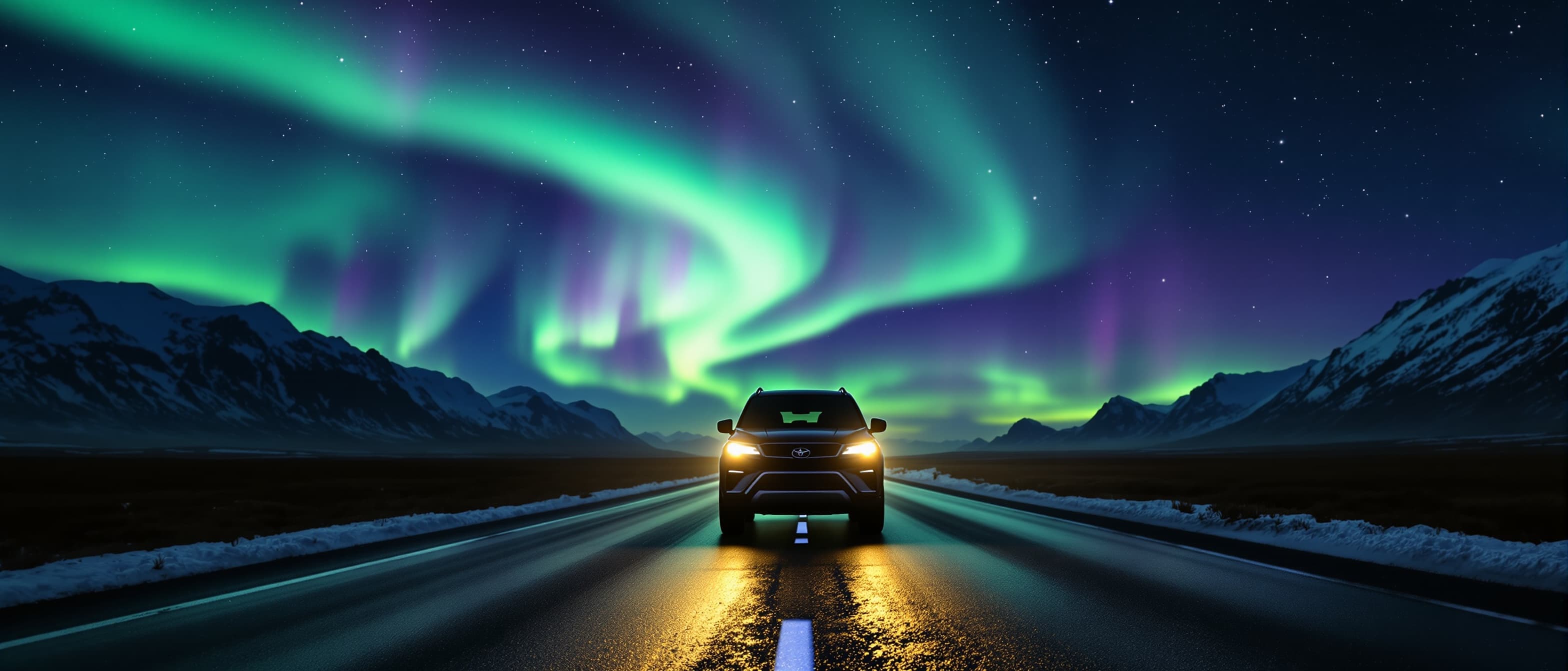 Black SUV driving under aurora on Arctic coastal road