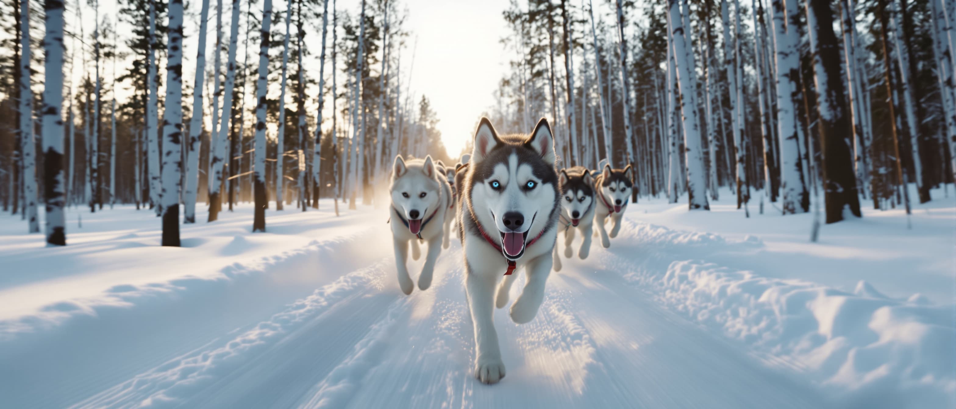 AI-generated · NordicRoam · for editorial use Husky dog sled team running through snowy birch forest