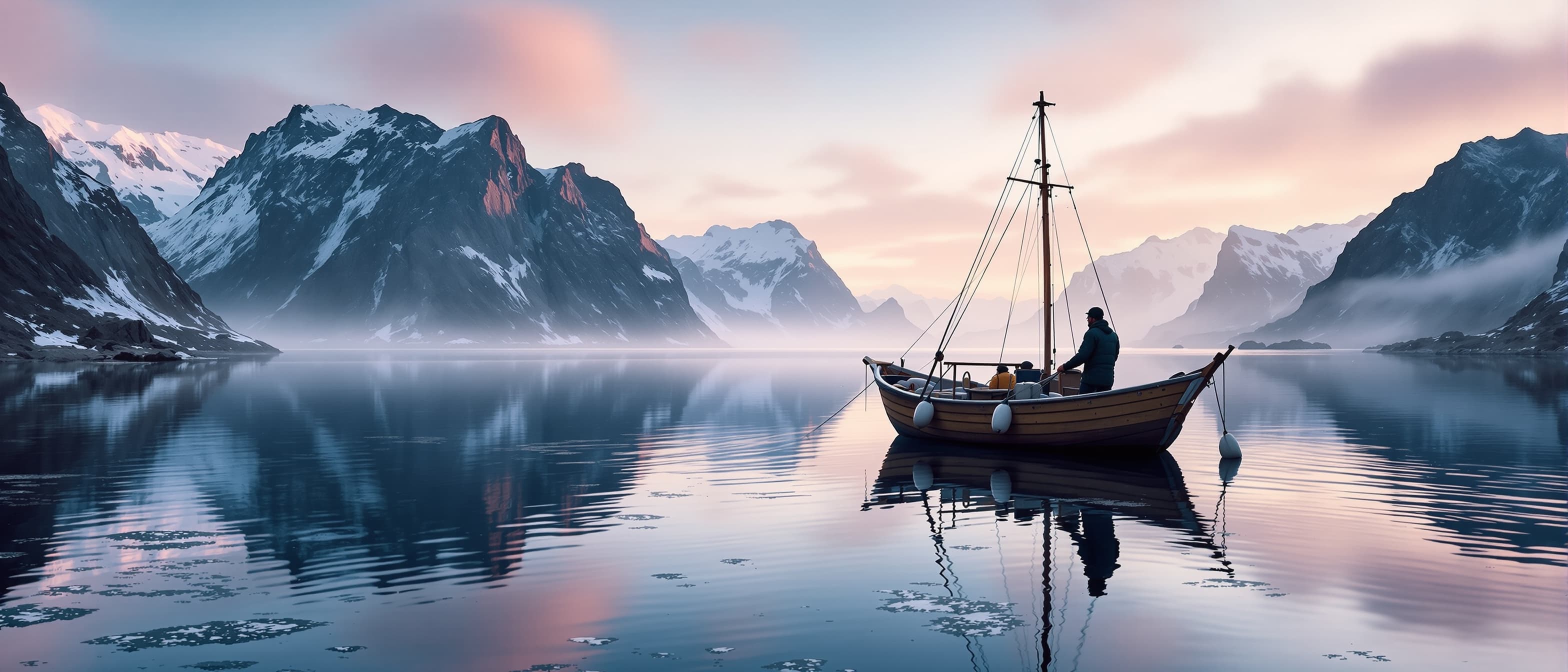 Wooden fishing boat on glassy Reinefjord at dawn