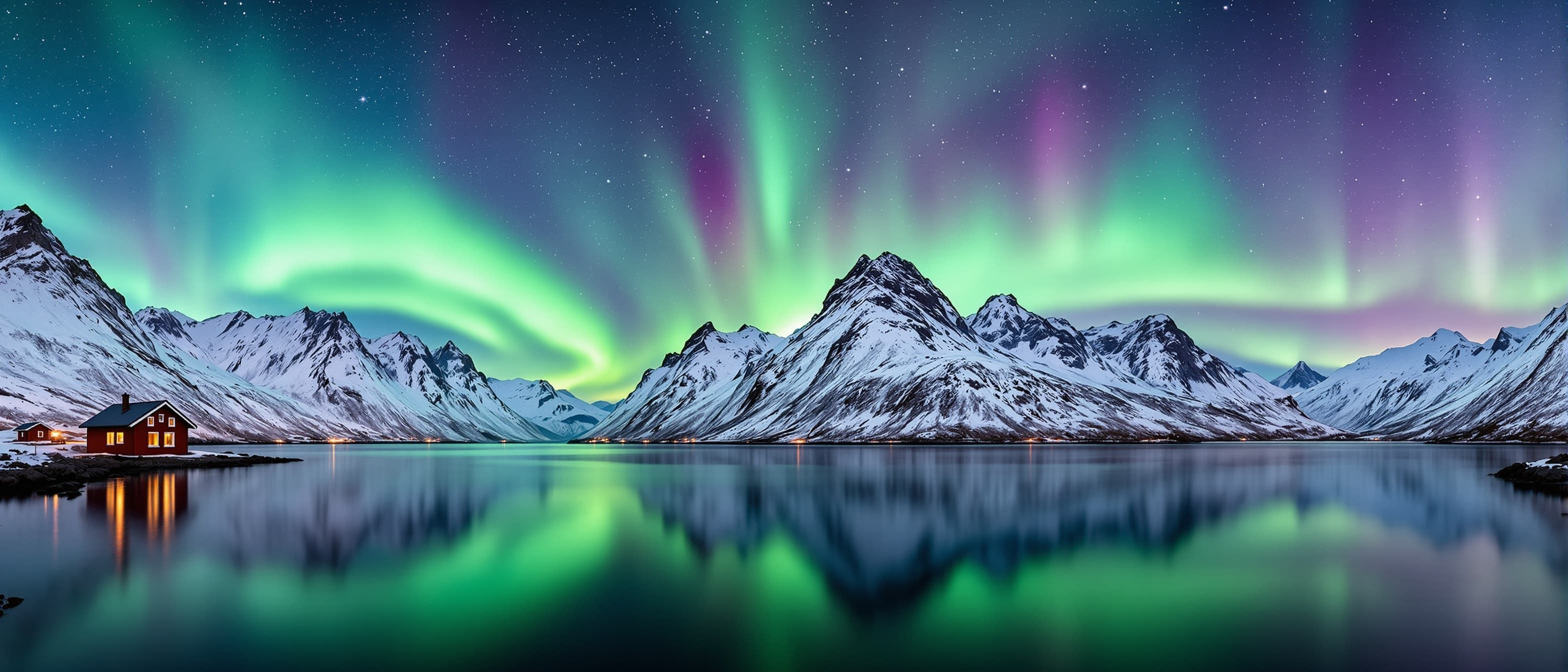 AI-generated · NordicRoam · for editorial use Aurora over snow peaks reflecting in fjord — NordicRoam hero