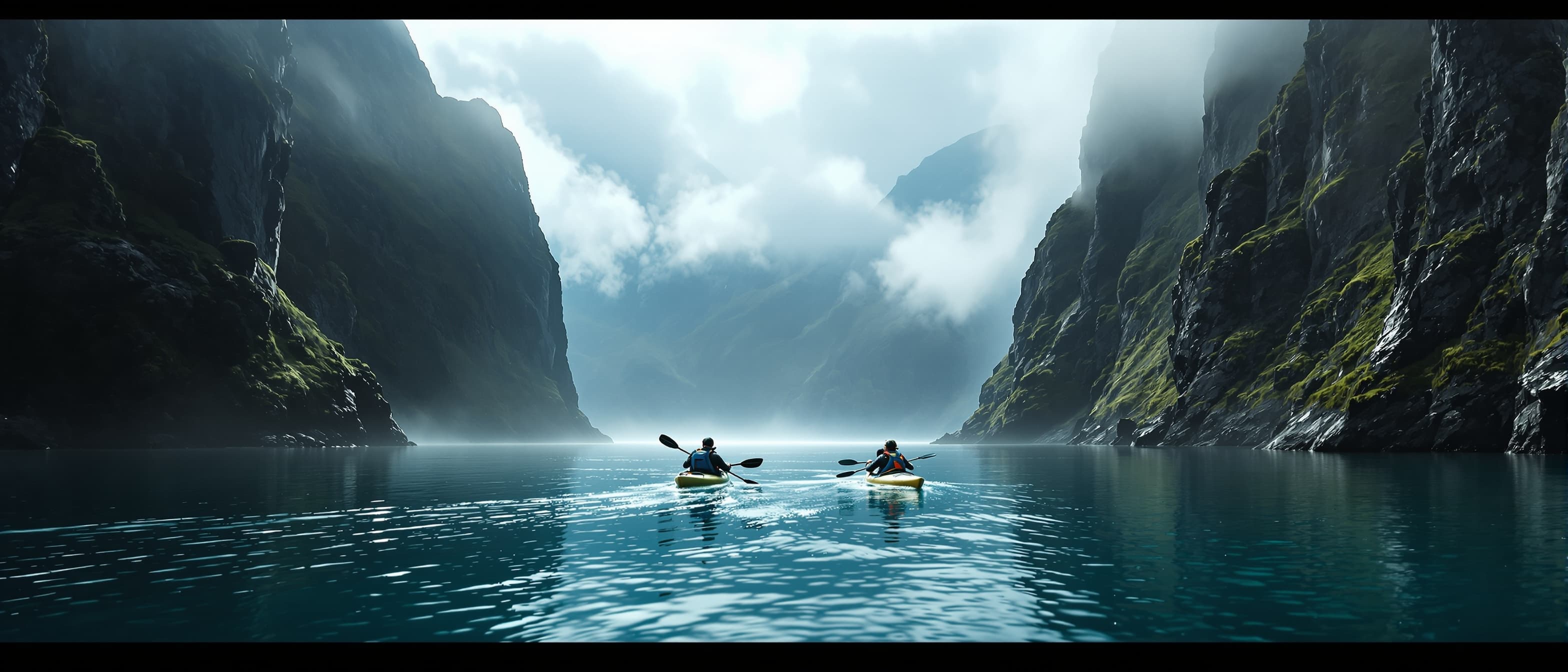 Sea kayakers entering Trollfjord between towering cliffs