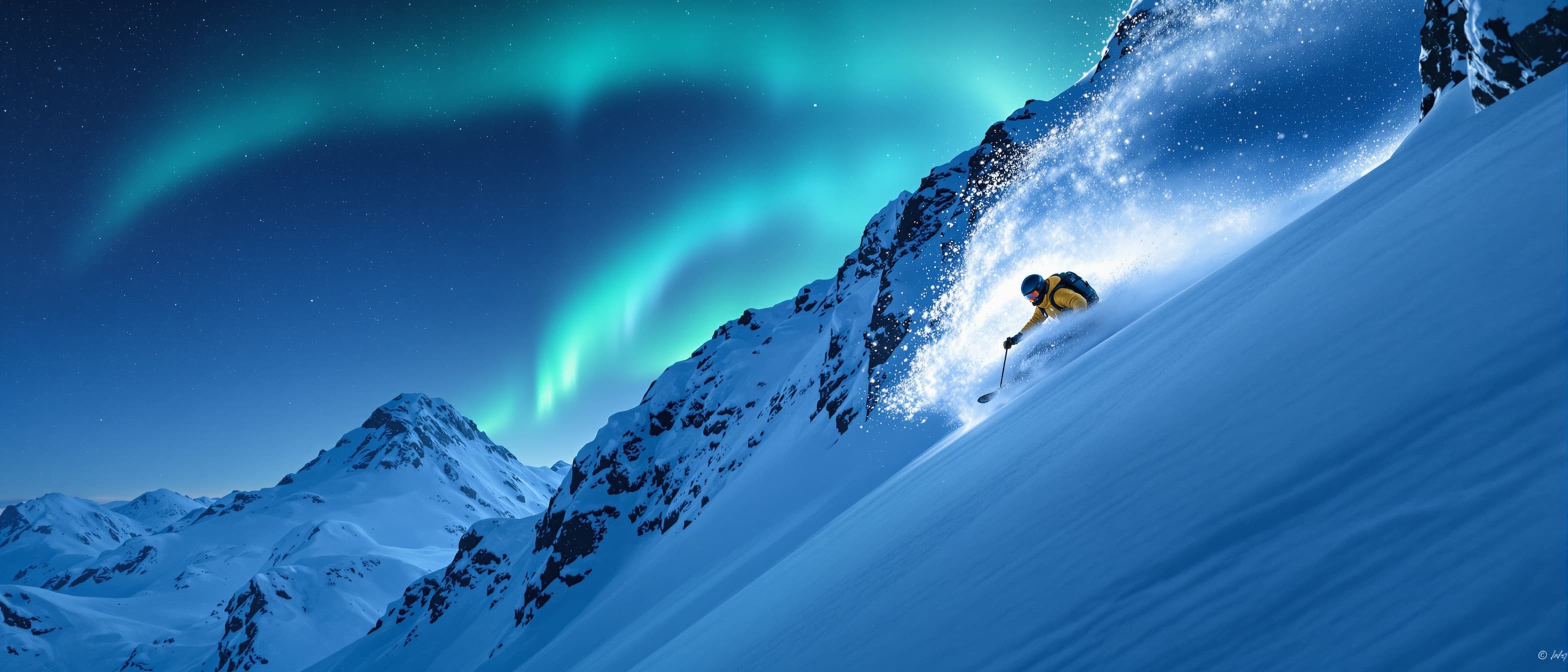 AI-generated · NordicRoam · for editorial use Backcountry skier carving fresh powder under aurora