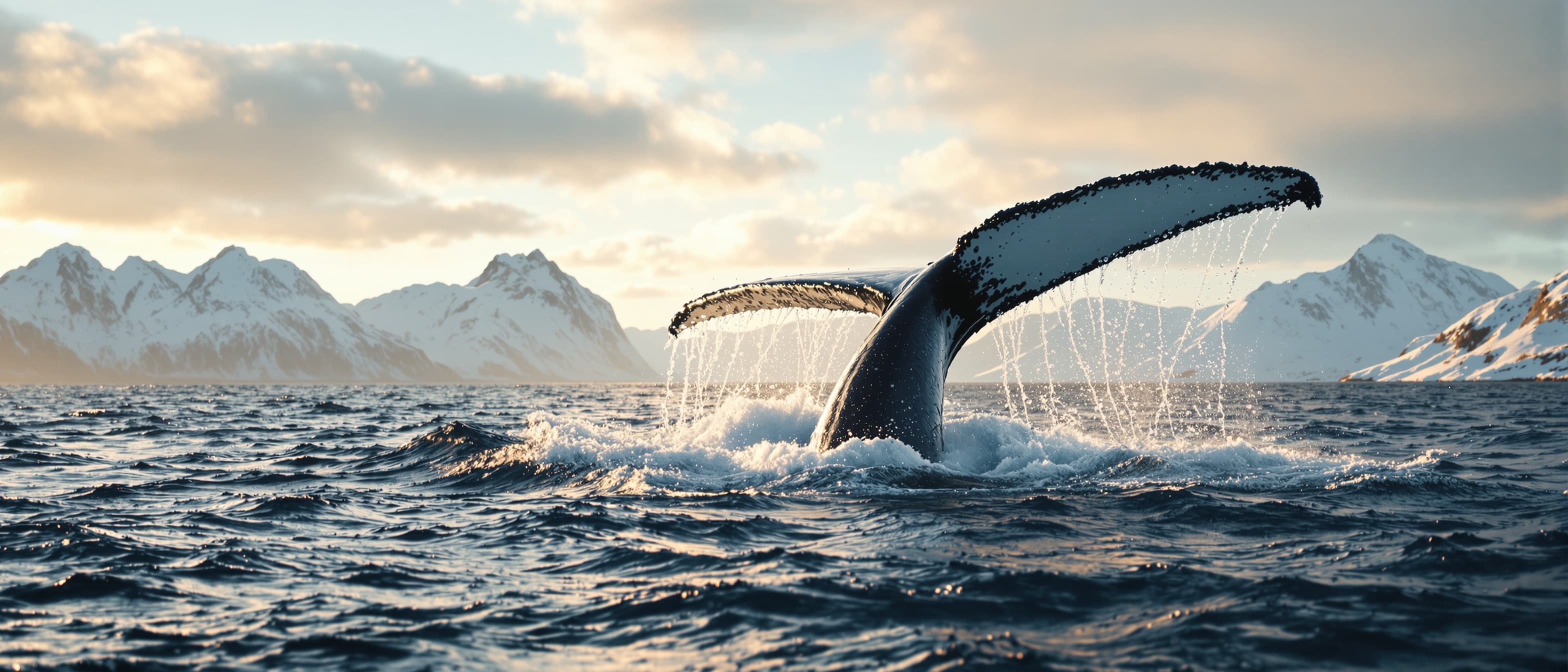 Humpback whale tail near Andøya at golden hour